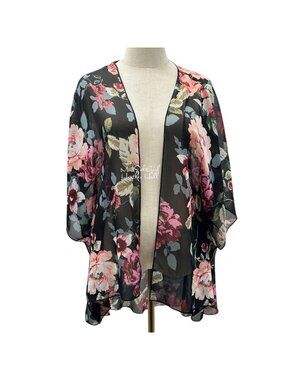 Polly & Esther Pink Roses Sheer Kimono Open Front Sheer Ultra Lightweight
